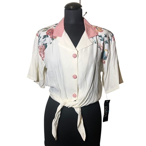 Fritzi Petites Tops - Vintage Fritzi Petites Floral Polka Dot Tie Front Blouse White Pink PM 9136-ZG3P